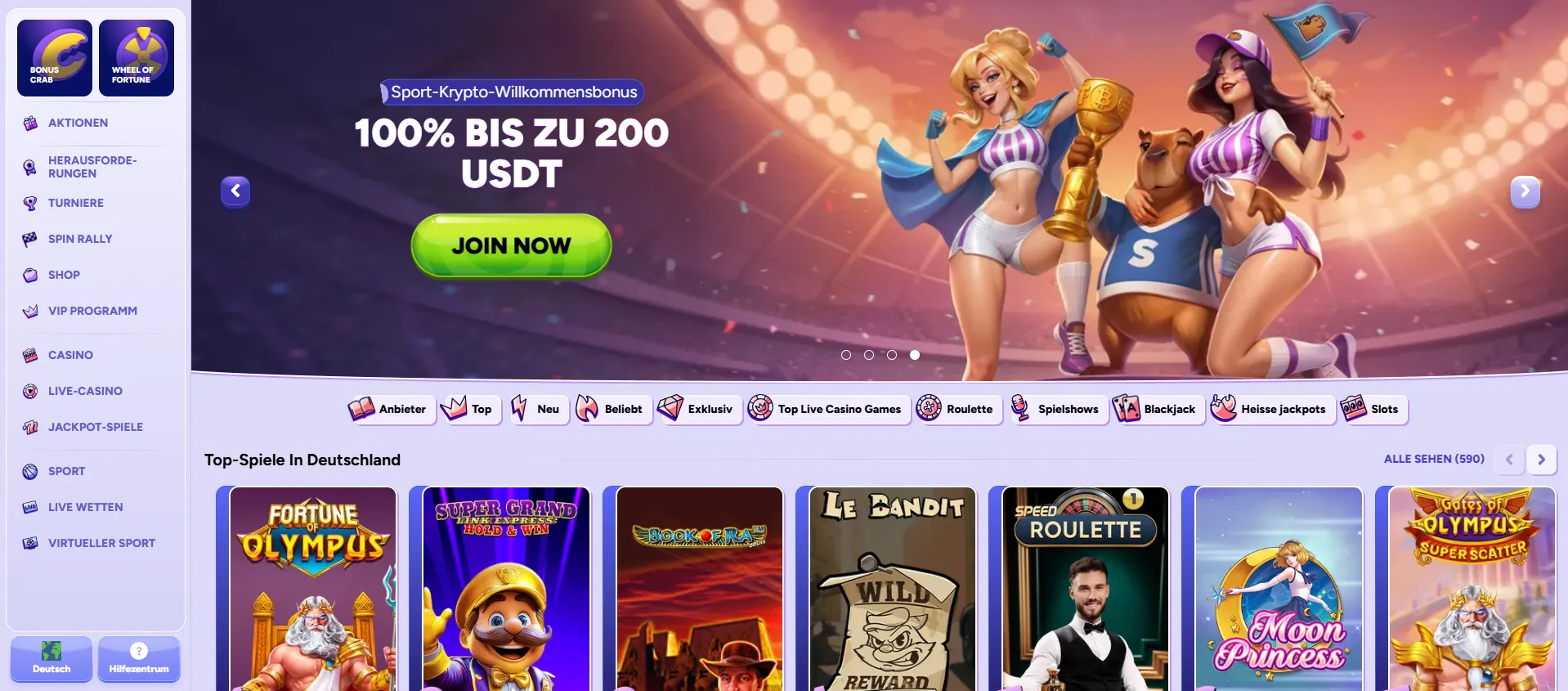 Spielangebot: Slots, Live-Casino, Crash-Games und Provider